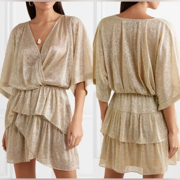 IRO Ruffled Gold Lame Wide Tiered Mini Dress - Picture 2 of 6